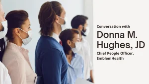 Graphic showing essential worker employees with masks on facing towards something outside of the picture view with text describing the podcast